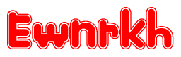 The image is a red and white graphic with the word Ewnrkh written in a decorative script. Each letter in  is contained within its own outlined bubble-like shape. Inside each letter, there is a white heart symbol.