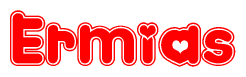 The image is a red and white graphic with the word Ermias written in a decorative script. Each letter in  is contained within its own outlined bubble-like shape. Inside each letter, there is a white heart symbol.