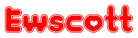 The image is a clipart featuring the word Ewscott written in a stylized font with a heart shape replacing inserted into the center of each letter. The color scheme of the text and hearts is red with a light outline.