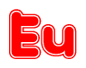 The image is a red and white graphic with the word Eu written in a decorative script. Each letter in  is contained within its own outlined bubble-like shape. Inside each letter, there is a white heart symbol.