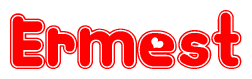 The image is a red and white graphic with the word Ermest written in a decorative script. Each letter in  is contained within its own outlined bubble-like shape. Inside each letter, there is a white heart symbol.