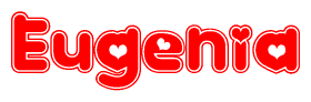 The image is a clipart featuring the word Eugenia written in a stylized font with a heart shape replacing inserted into the center of each letter. The color scheme of the text and hearts is red with a light outline.