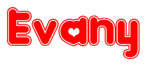 The image is a red and white graphic with the word Evany written in a decorative script. Each letter in  is contained within its own outlined bubble-like shape. Inside each letter, there is a white heart symbol.