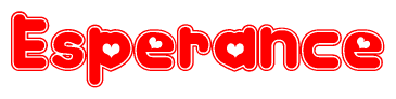 The image is a red and white graphic with the word Esperance written in a decorative script. Each letter in  is contained within its own outlined bubble-like shape. Inside each letter, there is a white heart symbol.