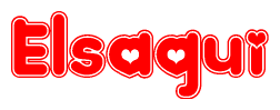The image is a red and white graphic with the word Elsaqui written in a decorative script. Each letter in  is contained within its own outlined bubble-like shape. Inside each letter, there is a white heart symbol.