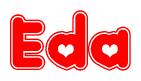 The image is a red and white graphic with the word Eda written in a decorative script. Each letter in  is contained within its own outlined bubble-like shape. Inside each letter, there is a white heart symbol.