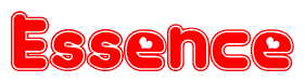 The image is a red and white graphic with the word Essence written in a decorative script. Each letter in  is contained within its own outlined bubble-like shape. Inside each letter, there is a white heart symbol.