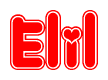 The image is a red and white graphic with the word Elil written in a decorative script. Each letter in  is contained within its own outlined bubble-like shape. Inside each letter, there is a white heart symbol.