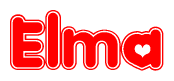 The image is a red and white graphic with the word Elma written in a decorative script. Each letter in  is contained within its own outlined bubble-like shape. Inside each letter, there is a white heart symbol.