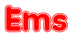 The image is a red and white graphic with the word Ems written in a decorative script. Each letter in  is contained within its own outlined bubble-like shape. Inside each letter, there is a white heart symbol.