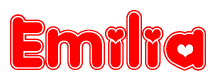 The image is a red and white graphic with the word Emilia written in a decorative script. Each letter in  is contained within its own outlined bubble-like shape. Inside each letter, there is a white heart symbol.
