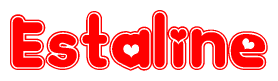 The image is a red and white graphic with the word Estaline written in a decorative script. Each letter in  is contained within its own outlined bubble-like shape. Inside each letter, there is a white heart symbol.
