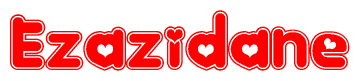 The image is a red and white graphic with the word Ezazidane written in a decorative script. Each letter in  is contained within its own outlined bubble-like shape. Inside each letter, there is a white heart symbol.