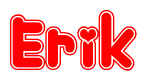 The image is a red and white graphic with the word Erik written in a decorative script. Each letter in  is contained within its own outlined bubble-like shape. Inside each letter, there is a white heart symbol.