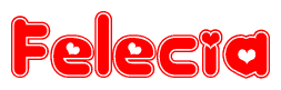 The image is a red and white graphic with the word Felecia written in a decorative script. Each letter in  is contained within its own outlined bubble-like shape. Inside each letter, there is a white heart symbol.
