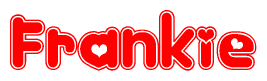 The image is a red and white graphic with the word Frankie written in a decorative script. Each letter in  is contained within its own outlined bubble-like shape. Inside each letter, there is a white heart symbol.