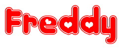 The image is a clipart featuring the word Freddy written in a stylized font with a heart shape replacing inserted into the center of each letter. The color scheme of the text and hearts is red with a light outline.