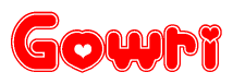 The image is a red and white graphic with the word Gowri written in a decorative script. Each letter in  is contained within its own outlined bubble-like shape. Inside each letter, there is a white heart symbol.