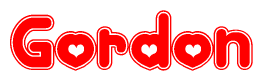 The image is a clipart featuring the word Gordon written in a stylized font with a heart shape replacing inserted into the center of each letter. The color scheme of the text and hearts is red with a light outline.
