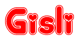 The image is a red and white graphic with the word Gisli written in a decorative script. Each letter in  is contained within its own outlined bubble-like shape. Inside each letter, there is a white heart symbol.