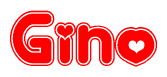 The image is a red and white graphic with the word Gino written in a decorative script. Each letter in  is contained within its own outlined bubble-like shape. Inside each letter, there is a white heart symbol.