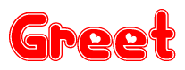 The image is a clipart featuring the word Greet written in a stylized font with a heart shape replacing inserted into the center of each letter. The color scheme of the text and hearts is red with a light outline.