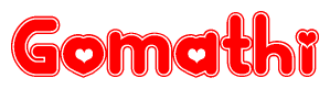 The image is a clipart featuring the word Gomathi written in a stylized font with a heart shape replacing inserted into the center of each letter. The color scheme of the text and hearts is red with a light outline.