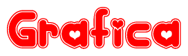 The image is a red and white graphic with the word Grafica written in a decorative script. Each letter in  is contained within its own outlined bubble-like shape. Inside each letter, there is a white heart symbol.