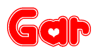 The image is a red and white graphic with the word Gar written in a decorative script. Each letter in  is contained within its own outlined bubble-like shape. Inside each letter, there is a white heart symbol.