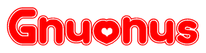 The image is a red and white graphic with the word Gnuonus written in a decorative script. Each letter in  is contained within its own outlined bubble-like shape. Inside each letter, there is a white heart symbol.