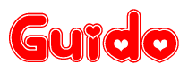 The image is a red and white graphic with the word Guido written in a decorative script. Each letter in  is contained within its own outlined bubble-like shape. Inside each letter, there is a white heart symbol.