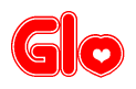 The image is a clipart featuring the word Glo written in a stylized font with a heart shape replacing inserted into the center of each letter. The color scheme of the text and hearts is red with a light outline.