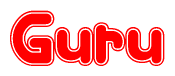 The image is a red and white graphic with the word Guru written in a decorative script. Each letter in  is contained within its own outlined bubble-like shape. Inside each letter, there is a white heart symbol.