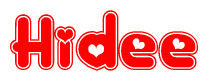 The image is a red and white graphic with the word Hidee written in a decorative script. Each letter in  is contained within its own outlined bubble-like shape. Inside each letter, there is a white heart symbol.