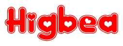 The image displays the word Higbea written in a stylized red font with hearts inside the letters.
