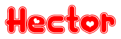 The image is a red and white graphic with the word Hector written in a decorative script. Each letter in  is contained within its own outlined bubble-like shape. Inside each letter, there is a white heart symbol.