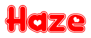 The image displays the word Haze written in a stylized red font with hearts inside the letters.