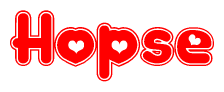 The image is a red and white graphic with the word Hopse written in a decorative script. Each letter in  is contained within its own outlined bubble-like shape. Inside each letter, there is a white heart symbol.