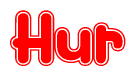 The image is a red and white graphic with the word Hur written in a decorative script. Each letter in  is contained within its own outlined bubble-like shape. Inside each letter, there is a white heart symbol.