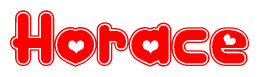 The image is a red and white graphic with the word Horace written in a decorative script. Each letter in  is contained within its own outlined bubble-like shape. Inside each letter, there is a white heart symbol.