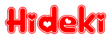 The image is a clipart featuring the word Hideki written in a stylized font with a heart shape replacing inserted into the center of each letter. The color scheme of the text and hearts is red with a light outline.