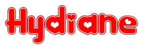 The image is a red and white graphic with the word Hydiane written in a decorative script. Each letter in  is contained within its own outlined bubble-like shape. Inside each letter, there is a white heart symbol.