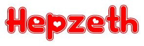 The image is a red and white graphic with the word Hepzeth written in a decorative script. Each letter in  is contained within its own outlined bubble-like shape. Inside each letter, there is a white heart symbol.