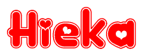 The image is a red and white graphic with the word Hieka written in a decorative script. Each letter in  is contained within its own outlined bubble-like shape. Inside each letter, there is a white heart symbol.