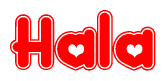 The image is a red and white graphic with the word Hala written in a decorative script. Each letter in  is contained within its own outlined bubble-like shape. Inside each letter, there is a white heart symbol.