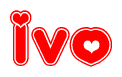 The image is a red and white graphic with the word Ivo written in a decorative script. Each letter in  is contained within its own outlined bubble-like shape. Inside each letter, there is a white heart symbol.