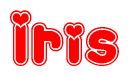 The image is a red and white graphic with the word Iris written in a decorative script. Each letter in  is contained within its own outlined bubble-like shape. Inside each letter, there is a white heart symbol.