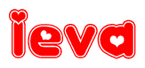 The image is a red and white graphic with the word Ieva written in a decorative script. Each letter in  is contained within its own outlined bubble-like shape. Inside each letter, there is a white heart symbol.