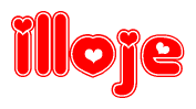 The image is a red and white graphic with the word Illoje written in a decorative script. Each letter in  is contained within its own outlined bubble-like shape. Inside each letter, there is a white heart symbol.