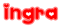 The image is a clipart featuring the word Ingra written in a stylized font with a heart shape replacing inserted into the center of each letter. The color scheme of the text and hearts is red with a light outline.